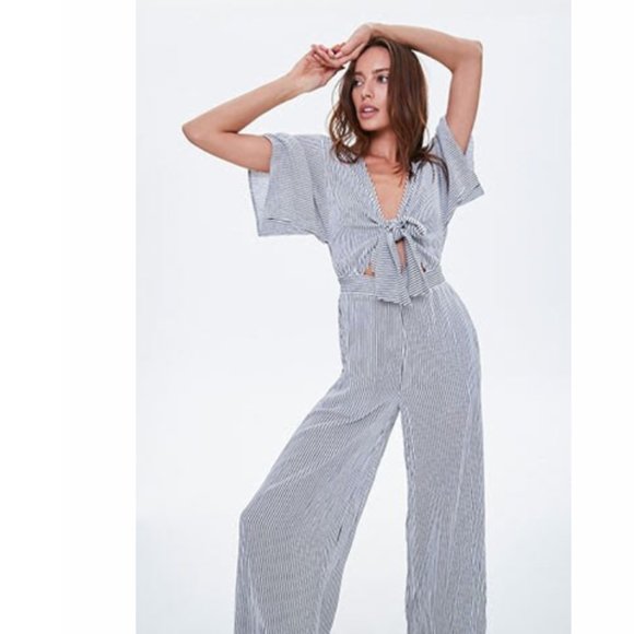 Pants - Pinstriped Knotted Cutout Jumpsuit